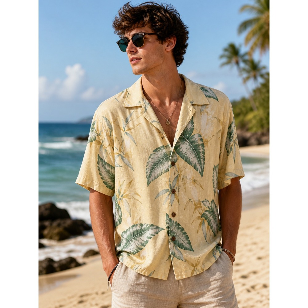Tommy Bahama Mens 2000s 100% Silk Tropical Leaf Floral Camp Shirt Short Sleeve